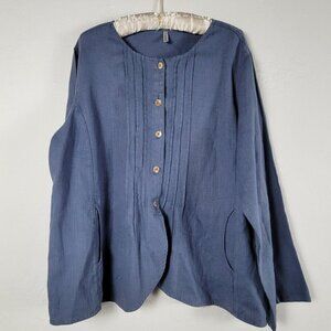 Kleen Women's Button Front Round Neck Long Sleeve Casual Pintuck Blouse Blue